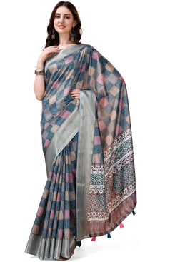 Bright & Beautiful Admyrin South Silk Digitally Printed with Zari Border Work Saree with Blouse Piece