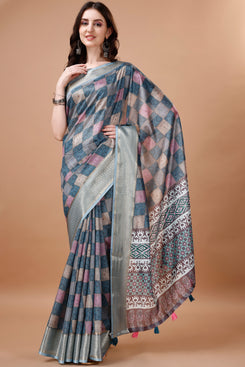 Bright & Beautiful Admyrin South Silk Digitally Printed with Zari Border Work Saree with Blouse Piece