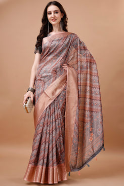 Bright & Beautiful Admyrin South Silk Digitally Printed with Zari Border Work Saree with Blouse Piece