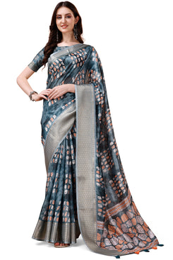 Bright & Beautiful Admyrin South Silk Digitally Printed with Zari Border Work Saree with Blouse Piece