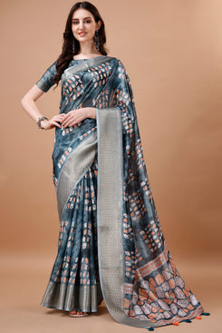 Bright & Beautiful Admyrin South Silk Digitally Printed with Zari Border Work Saree with Blouse Piece