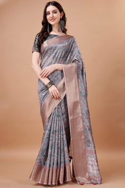 Bright & Beautiful Admyrin South Silk Digitally Printed with Zari Border Work Saree with Blouse Piece