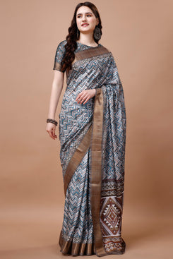 Bright & Beautiful Admyrin South Silk Digitally Printed with Zari Border Work Saree with Blouse Piece