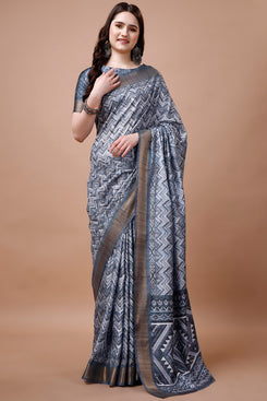 Bright & Beautiful Admyrin South Silk Digitally Printed with Zari Border Work Saree with Blouse Piece