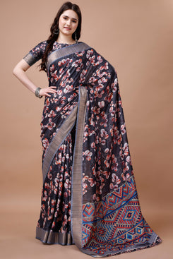 Bright & Beautiful Admyrin South Silk Digitally Printed with Zari Border Work Saree with Blouse Piece