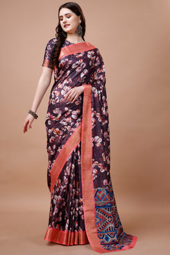 Bright & Beautiful Admyrin South Silk Digitally Printed with Zari Border Work Saree with Blouse Piece