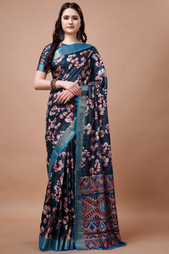 Bright & Beautiful Admyrin South Silk Digitally Printed with Zari Border Work Saree with Blouse Piece