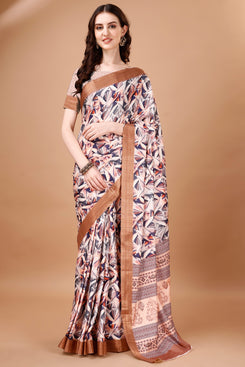 Bright & Beautiful Admyrin South Silk Digitally Printed with Zari Border Work Saree with Blouse Piece