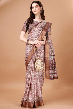 Bright & Beautiful Admyrin South Silk Digitally Printed with Zari Border Work Saree with Blouse Piece