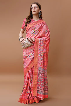 Bright & Beautiful Admyrin South Silk Digitally Printed with Zari Border Work Saree with Blouse Piece