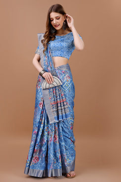 Bright & Beautiful Admyrin South Silk Digitally Printed with Zari Border Work Saree with Blouse Piece