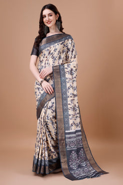 Bright & Beautiful Admyrin South Silk Digitally Printed with Zari Border Work Saree with Blouse Piece