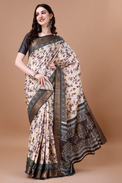 Bright & Beautiful Admyrin South Silk Digitally Printed with Zari Border Work Saree with Blouse Piece