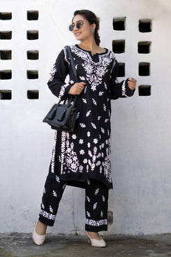 Admyrin Black Cotton Blend Embroidered Readymade Kurta With Pant Set