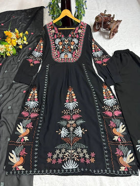 Admyrin Black Georgette Embroidered Readymade Kurta With Pant and Dupatta Set