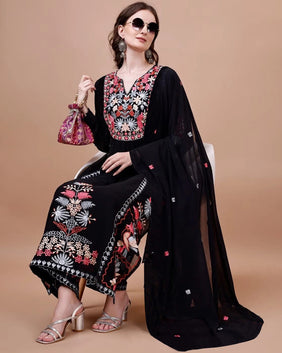 Admyrin Black Georgette Embroidered Readymade Kurta With Pant and Dupatta Set