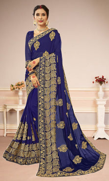 Admyrin Blue Silk Blend Zardosi Embroidered Festival Wear Saree with Blouse Piece