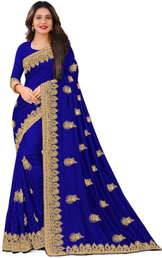 Admyrin Blue Silk Blend Embroidered Festival Wear Saree with Blouse Piece