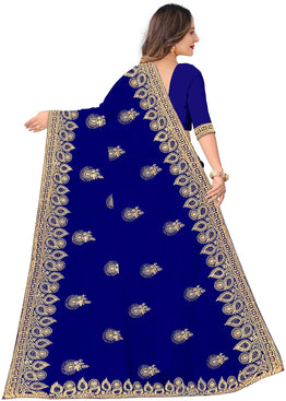 Admyrin Blue Silk Blend Embroidered Festival Wear Saree with Blouse Piece