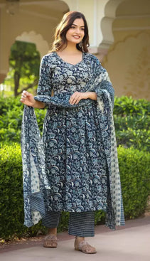 Admyrin Blue Cotton Blend Printed Readymade Kurta With Pant and Dupatta Set