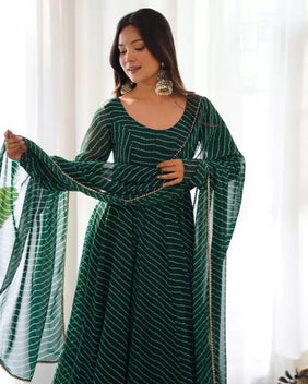 Admyrin Dark Green Georgette Classy Designer Lining Print Readymade Gown