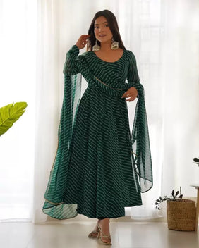 Admyrin Dark Green Georgette Classy Designer Lining Print Readymade Gown