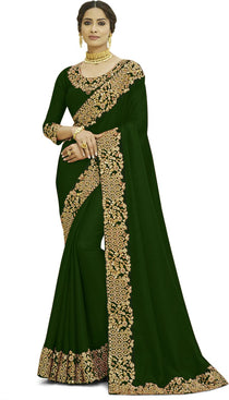 Admyrin Green Silk Blend Embroidered Saree with Blouse Piece