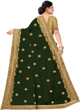 Admyrin Dark Green and Maroon Silk Blend Embroidered Festival Wear Saree with Blouse Piece