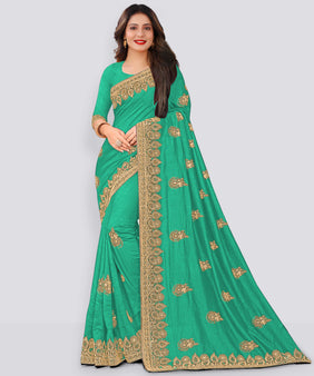 Admyrin Green Silk Blend Embroidered Festival Wear Saree with Blouse Piece