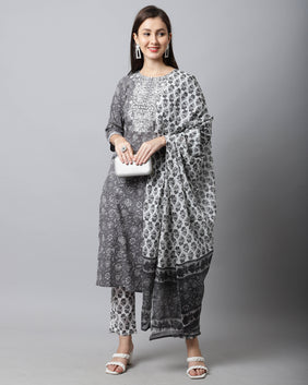 Admyrin Pure Cambric Cotton Jaipuri Printed & Embroidered Kurta Set With Dupatta