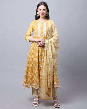 Admyrin Pure Cambric Cotton Jaipuri Printed & Embroidered Kurta Set With Dupatta