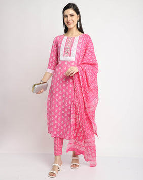 Admyrin Pure Cambric Cotton Jaipuri Printed & Embroidered Kurta Set With Dupatta