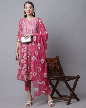 Admyrin Pure Cotton Jaipuri Printed & Embroidered Kurta Set With Dupatta