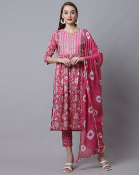 Admyrin Pure Cotton Jaipuri Printed & Embroidered Kurta Set With Dupatta