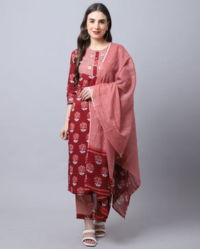 Admyrin Pure Cambric Cotton Jaipuri Printed & Embroidered Kurta Set With Dupatta