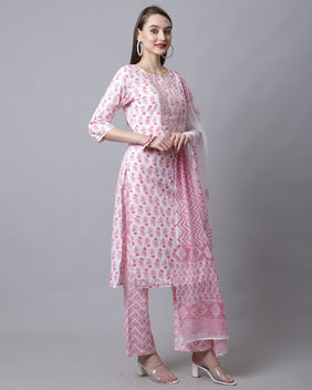 Admyrin Pure Cotton Jaipuri Printed & Embroidered Kurta Set With Dupatta