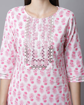 Admyrin Pure Cotton Jaipuri Printed & Embroidered Kurta Set With Dupatta