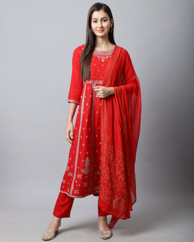 Admyrin Rayon Slub Embroidered Kurta Set With Dupatta