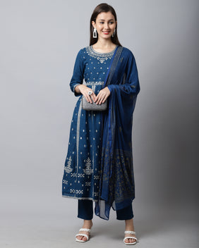 Admyrin Rayon Slub Embroidered Kurta Set With Dupatta