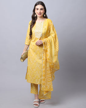 Admyrin Pure Cambric Cotton Jaipuri Printed & Embroidered Kurta Set With Dupatta