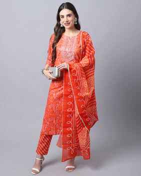 Admyrin Pure Cambric Cotton Jaipuri Printed & Embroidered Kurta Set With Dupatta