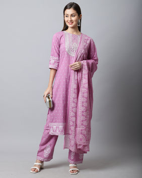 Admyrin Pure Cambric Cotton Jaipuri Printed & Embroidered Kurta Set With Dupatta