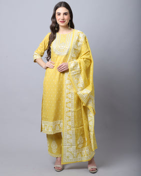 Admyrin Pure Cambric Cotton Jaipuri Printed & Embroidered Kurta Set With Dupatta