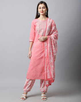 Admyrin Pure Cambric Cotton Jaipuri Printed & Embroidered Kurta Set With Dupatta