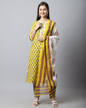 Admyrin Pure Cambric Cotton Jaipuri Printed & Embroidered Kurta Set With Dupatta