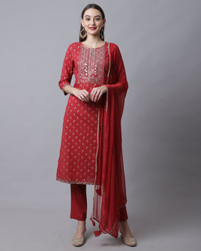 Admyrin Pure Cotton Jaipuri Printed & Embroidered Kurta Set With Dupatta