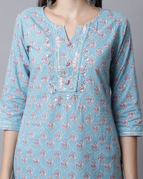 Admyrin Pure Cotton Jaipuri Printed & Hand Work Kurta Set With Dupatta