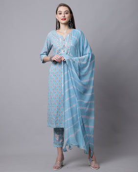 Admyrin Pure Cotton Jaipuri Printed & Hand Work Kurta Set With Dupatta