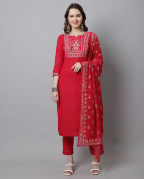 Admyrin Pure Cotton Zari Weaving And Embroidered Kurta Set With Dupatta