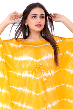 Admyrin Yellow Satin Chanderi Summer Beach Wear Printed Ready to Wear Kaftan